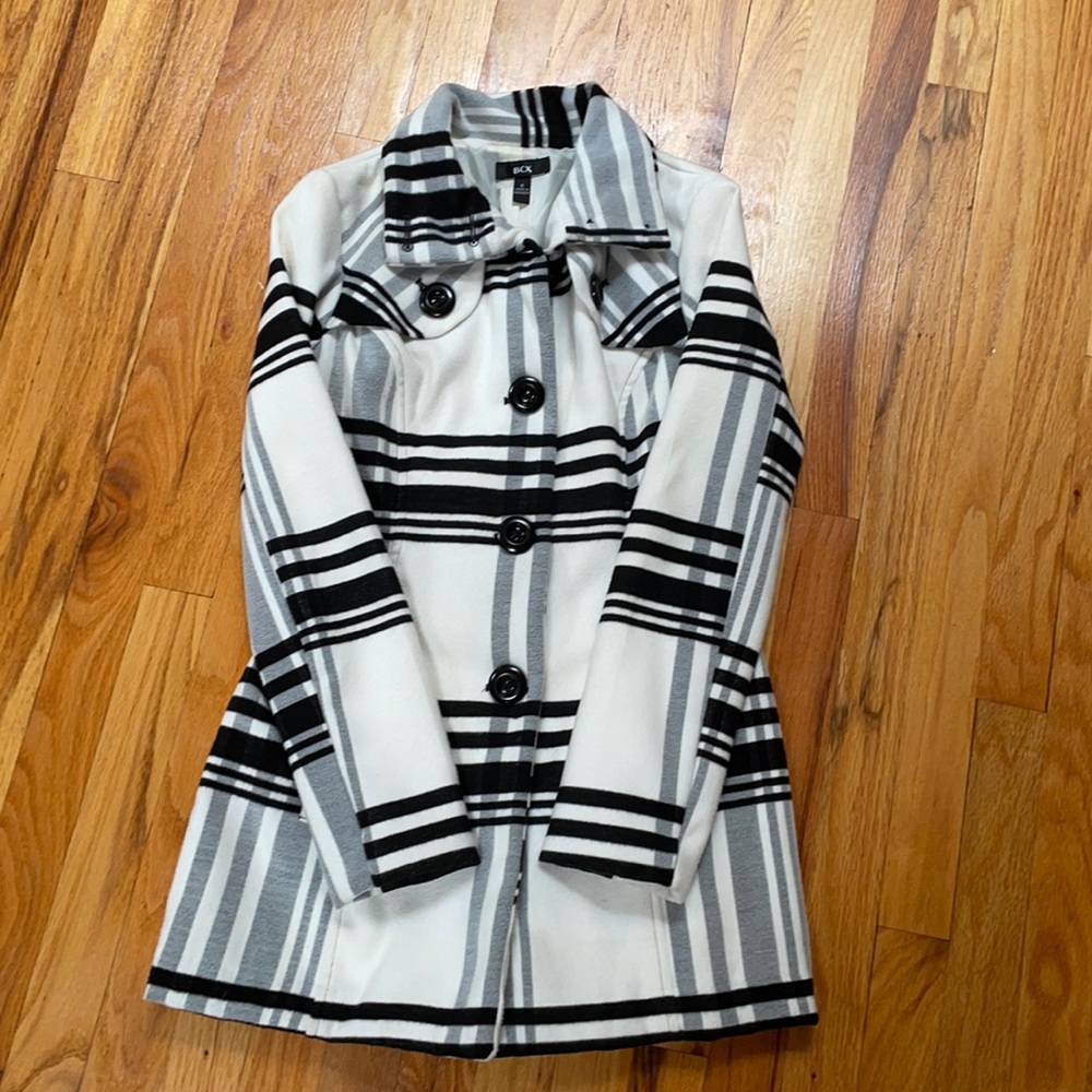 BCX Women's Black & White Plaid Pea Coat